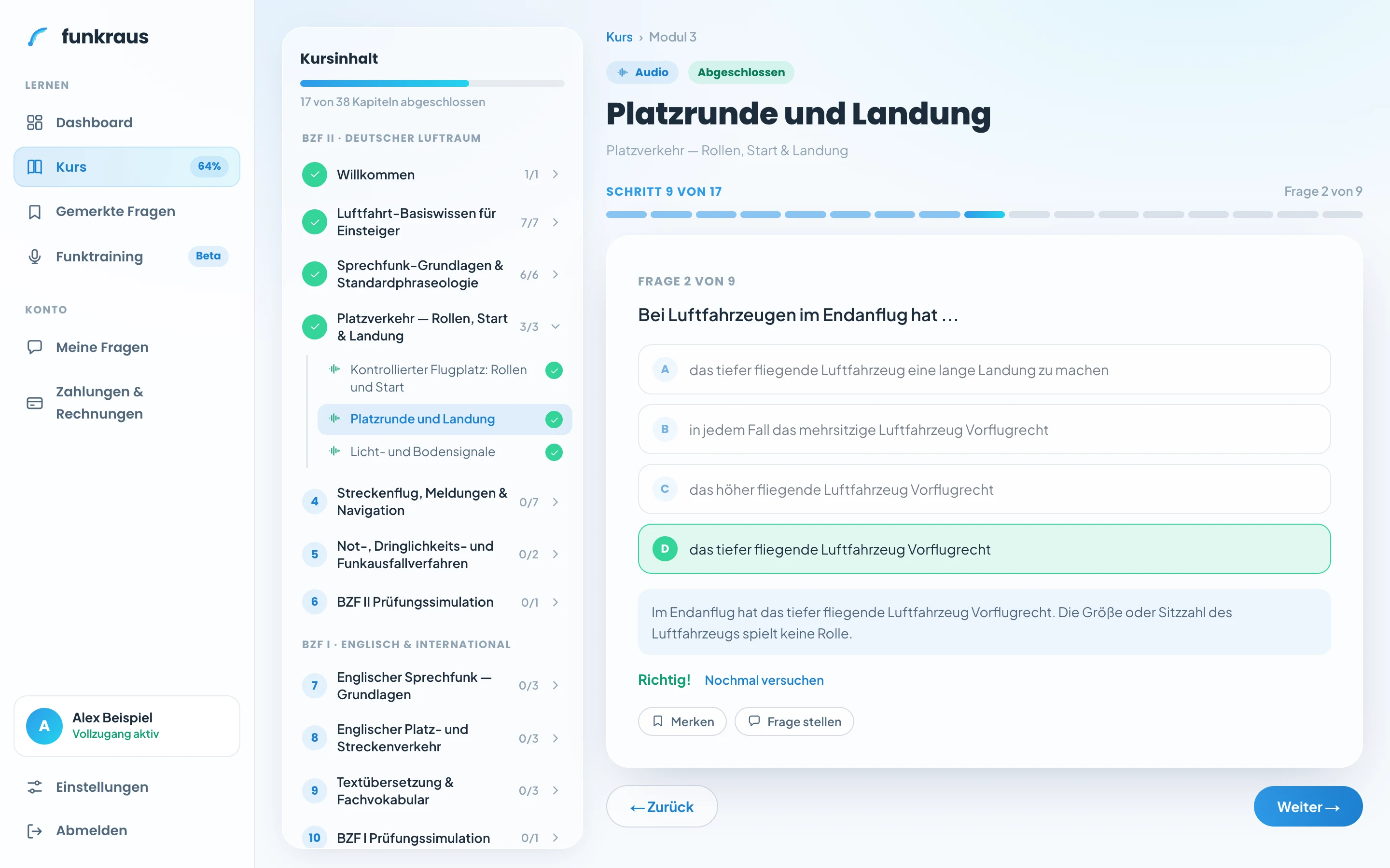 Prüfungsfrage aus dem BZF-Fragenkatalog mit Erklärung und Merken-Funktion
